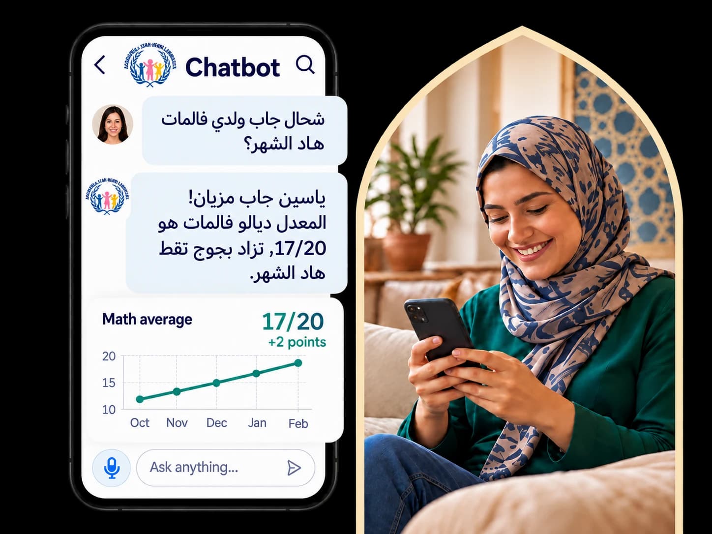 A parent asks the school assistant in Darija about her son’s math average and sees his progress chart; beside the phone, she smiles at it at home